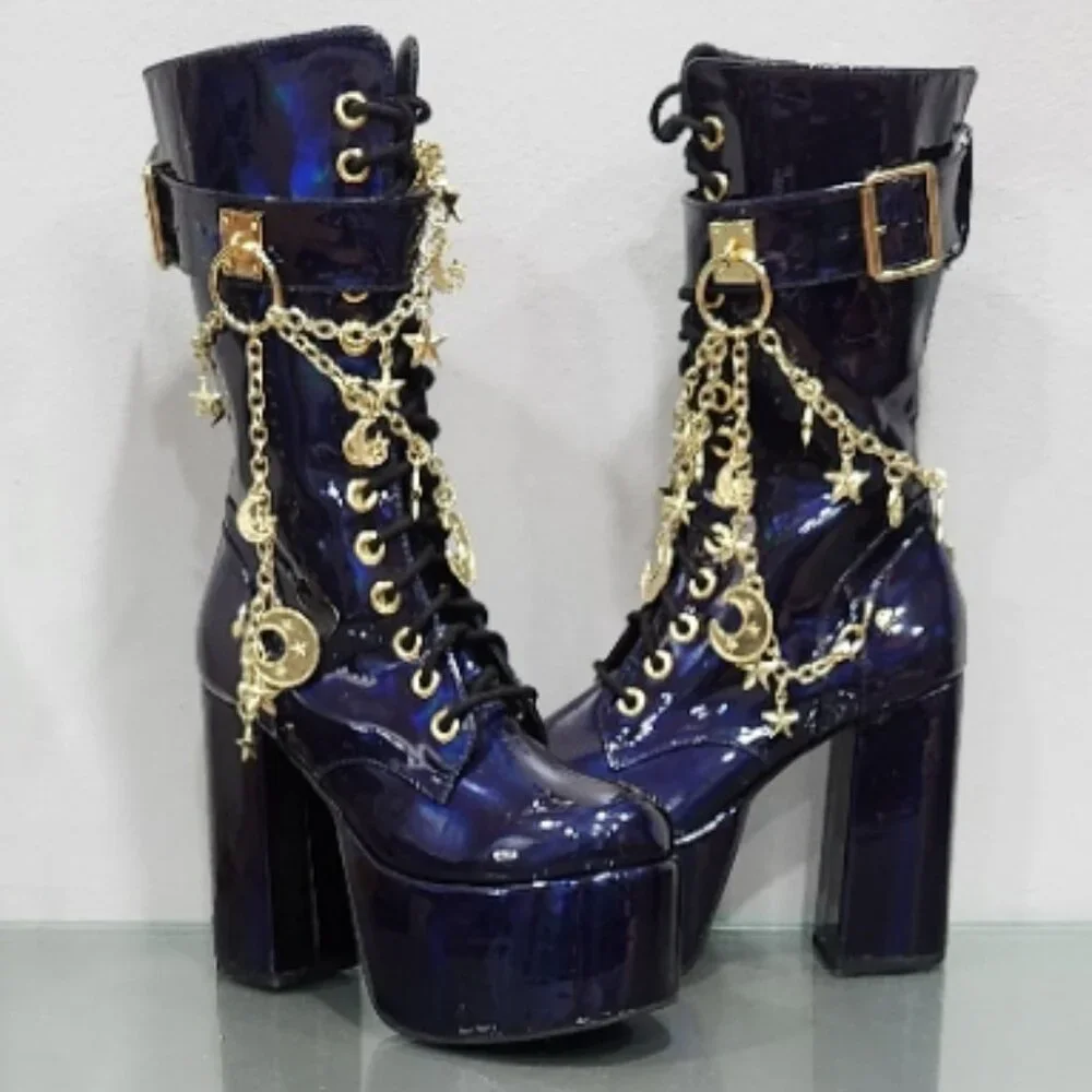 🦋🔥💋HOT ITEM! 💋🦋🔥Holographic Midnight Blue Moon & Star Chain Leather Boots